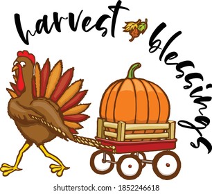 With such a huge pumpkin, this turkey's harvest truly was blessed.  This illustration features a turkey pulling a pumpkin in a red wagon with the words harvest blessings.