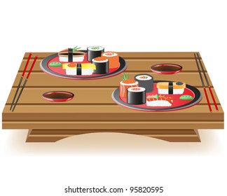 suchi served on wooden table vector illustration isolated on white background