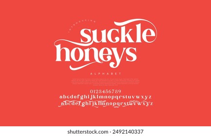 Sucklehoney swash luxury elegant alphabet letters and numbers. Vintage wedding typography classic serif font decorative vintage retro. creative vector illustration