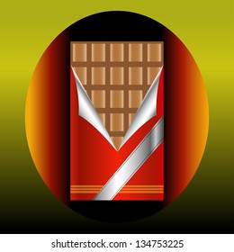 Suckling chocolate in the torn wrapping yellow red background