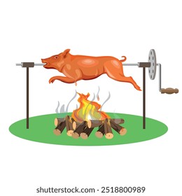 Um porco de leite assado em um espeto em um gramado verde. Ícone de leitão grelhado. assar e fazer churrasco de carne. Ilustração vetorial isolada em um fundo branco