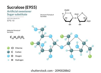 Sucralose. E955. Artificial Sweetener and Sugar Substitute. Structural Chemical Formula and Molecule 3d Model. C12H19Cl3O8. Atoms with Color Coding. Vector Illustration 
