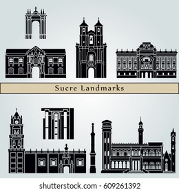 Sucre landmarks and monuments isolated on blue background in editable vector file