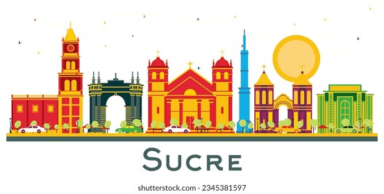 Sucre Skyline with Color Buildings isolated on white. Vector Illustration. Business Travel and Tourism Concept with Historic Architecture. Sucre Cityscape with Landmarks.