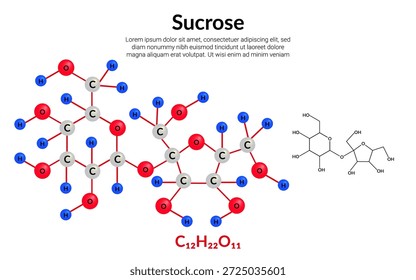Sucrose, disaccharide, molecular structure formula, ball-and-stick model, suitable for education or chemistry science content. Vector illustration