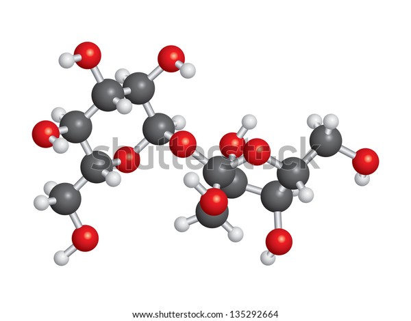 Sucrose\
(sugar) molecule ball and stick model -\
C12H22O11