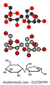 Sucrose sugar molecule. Also known as table sugar, cane sugar or beet sugar. Stylized 2D renderings and conventional skeletal formula.