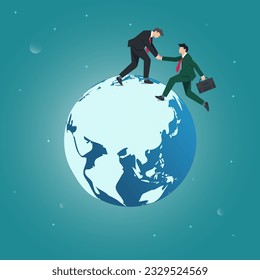 Sucsess together. Vector businessman helping the other in the world vector illustration