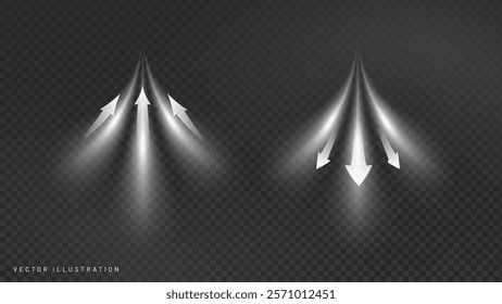 suction air arrow set icon of vector elements, light effect blowing from an air conditioner, purifier or humidifier, directing flow