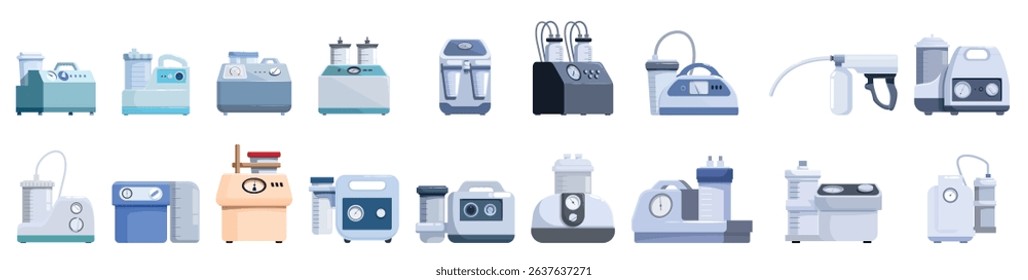 Suction machine icons set. Different models of portable medical suction machines used for extracting liquids during surgical procedures
