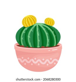 Suculent cactus in a pink ceramic pot. Unusual thorny plant. Vector graphics.