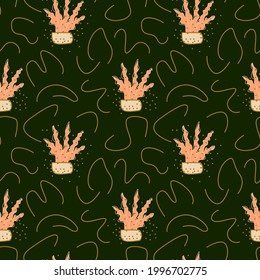 Suculent in a pot, repeating on a dark green background, abstract lines. Doodle style seamless pattern, vector design for wallpapers, wrapping paper, textiles and more.