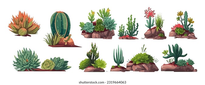 Suculentas and cactus set flat cartoon isolated on white background. Vector illustration