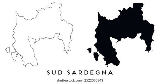 Vector de silueta negra y contorno de mapa Sud Sardegna