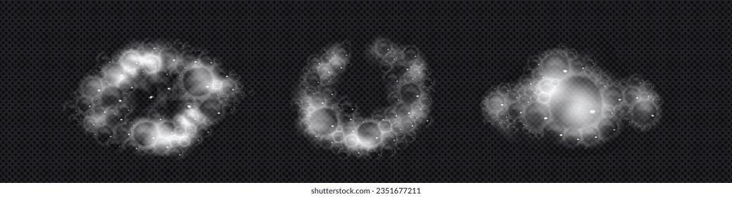 Sud soap foam bath realistic vector illustration set. White shampoo and detergent lather round and circle shaped with bubbles. Foamy water from washing and hygiene products. Laundry and bathtub froth.