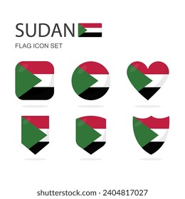 Sudan 3d flag icons of 6 shapes all isolated on white background.
