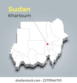 Sudan 3d map with borders of regions and it’s capital