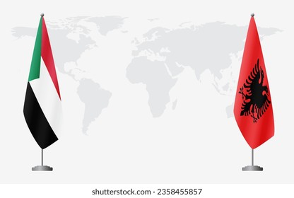 Sudan and Albania flags for official meeting against background of world map.