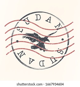 Postal con sello de águila animal de Sudán. Sello de silueta. Diseño de redondeo de Passport. Icono del vector. Diseño Retro Travel. Símbolo nacional.