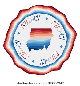 Sudan badge. Map of the country with beautiful geometric waves and a vibrant red and blue frame. Vivid round Sudan logo. Vector illustration.