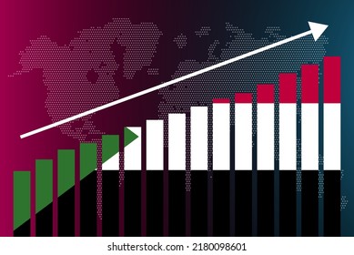 Sudan bar chart graph, increasing values, country statistics concept, Sudan country flag on bar graph, upward rising arrow on data, news banner idea