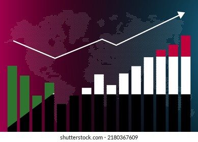 Sudan bar chart graph with ups and downs, increasing values, Sudan country flag on bar graph, upward rising arrow on data, news banner idea, developing country concept