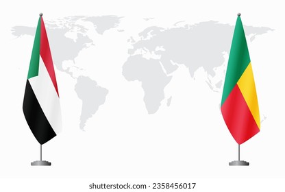 Sudan and Benin flags for official meeting against background of world map.