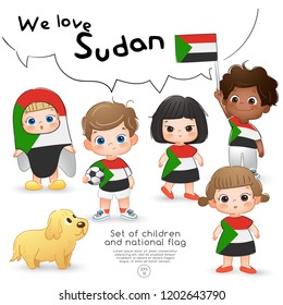 Sudan : Boys and girls holding flag and wearing shirts with national flag print : Vector Illustration
