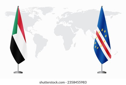 Sudan and Cape Verde flags for official meeting against background of world map.