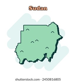 Icono de mapa en color de caricatura de Sudán en estilo cómico. Pictograma de ilustración de Country. La geografía de la nación salpica el concepto de negocios.