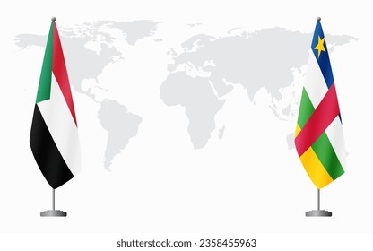 Sudan and Central African Republic flags for official meeting against background of world map.