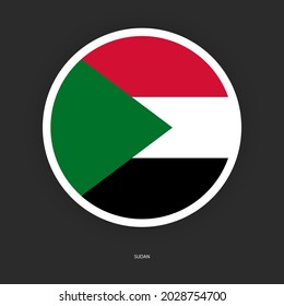 Sudan circle flag icon on dark grey background. Sudan button flag icon with white border isolated on barely dark background.