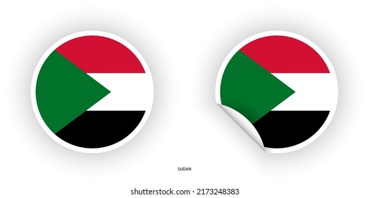 Sudan circle flag sticker set in circle and  circle with peel at the corner on white background.