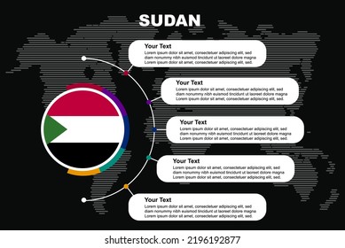 Sudan circle infographic with information text spaces, black background with world map, Sudan circle country flag, presentation graphic idea, info and data template for countries