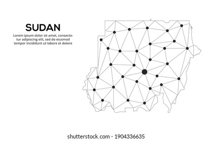 Sudan communication network map. Vector low poly image of a global map with lights in the form of cities. Map in the form of a constellation, mute and stars.