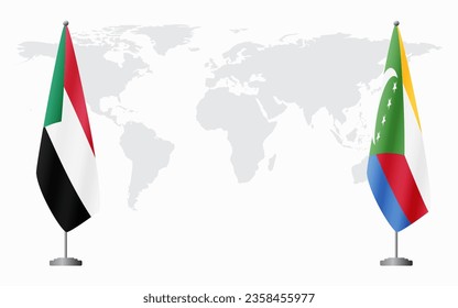 Sudan and Comoros flags for official meeting against background of world map.