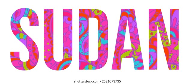 Sudan country creative text design filled with colorful doodle pattern	