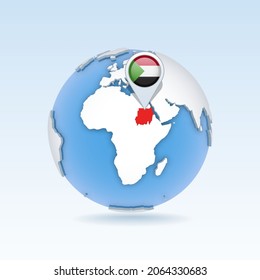 Sudan - country map and flag located on globe, world map. 3D Vector illustration