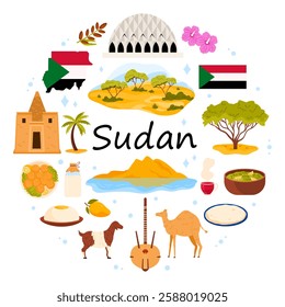 Sudan culture elements and food, nature and architecture, travel landmarks in round infographic poster with title. Mosque of two Niles, acacia and hibiscus, kisra, falafel cartoon vector illustration