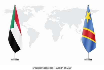 Flaggen des Sudan und der Demokratischen Republik Kongo für offizielle Treffen vor dem Hintergrund der Weltkarte.