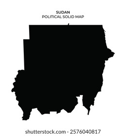 Sudan is depicted in a solid black color, showcasing its geographic outline. This representation highlights the boundaries and political regions of the country for educational purposes.