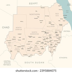Sudán - mapa detallado con las divisiones administrativas del país. Ilustración del vector