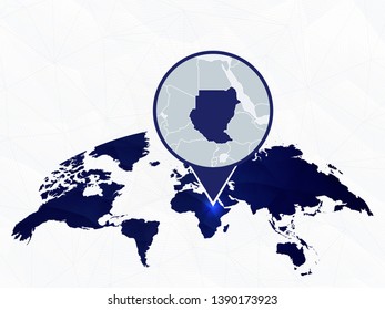 Sudan detailed map highlighted on blue rounded World Map. Map of Sudan in circle.