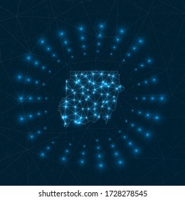 Sudan digital map. Glowing rays radiating from the country. Network connections and telecommunication design. Vector illustration.