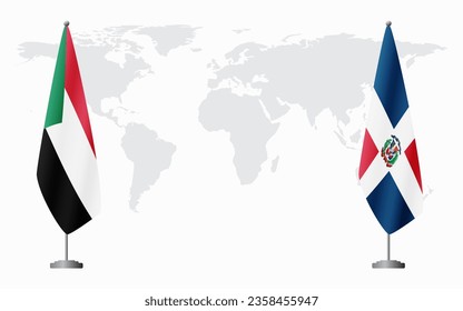 Sudan and Dominican flags for official meeting against background of world map.