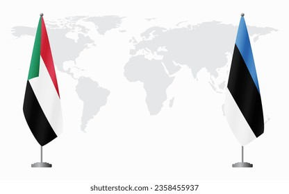 Sudan and Estonia flags for official meeting against background of world map.