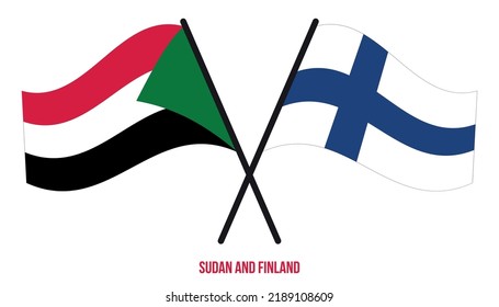 Sudan and Finland Flags Crossed And Waving Flat Style. Official Proportion. Correct Colors.
