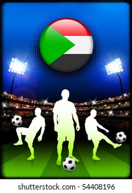 Sudan Flag Button with Soccer Match in Stadium Original Illustration