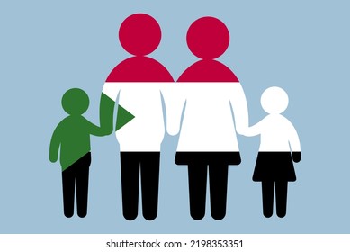 Sudan flag with family concept, vector element, parent and kids holding hands, immigrant idea, happy family with Sudan flag, flat design asset