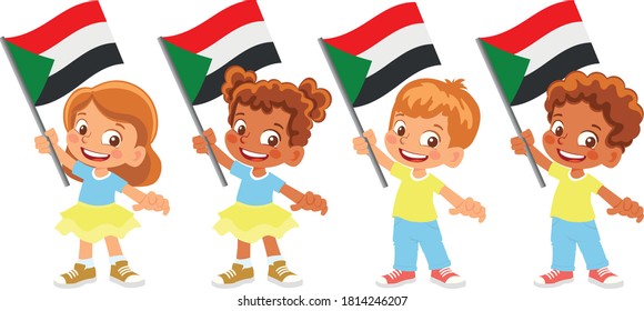 Sudan flag in hand. Children holding flag. National flag of Sudan vector